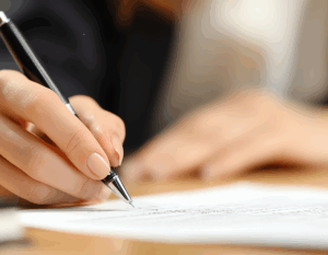 up close of a hand holding a pen and writing on a paper