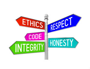 Patron code of conduct website tile. a pole with 5 signs, ethics, respect, code, integrity and honesty