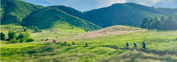Cyclists ride single-file through a sunlit grassy valley surrounded by green hills and scattered trees under a clear blue sky.